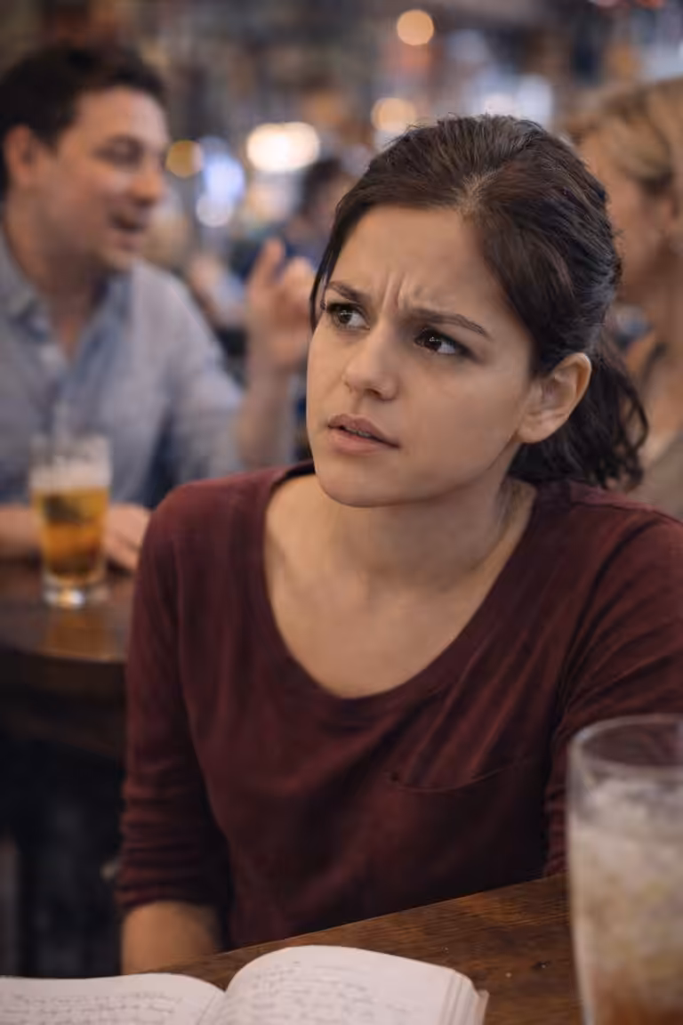 Mujer con dificultad para seguir una conversación en un entorno con ruido