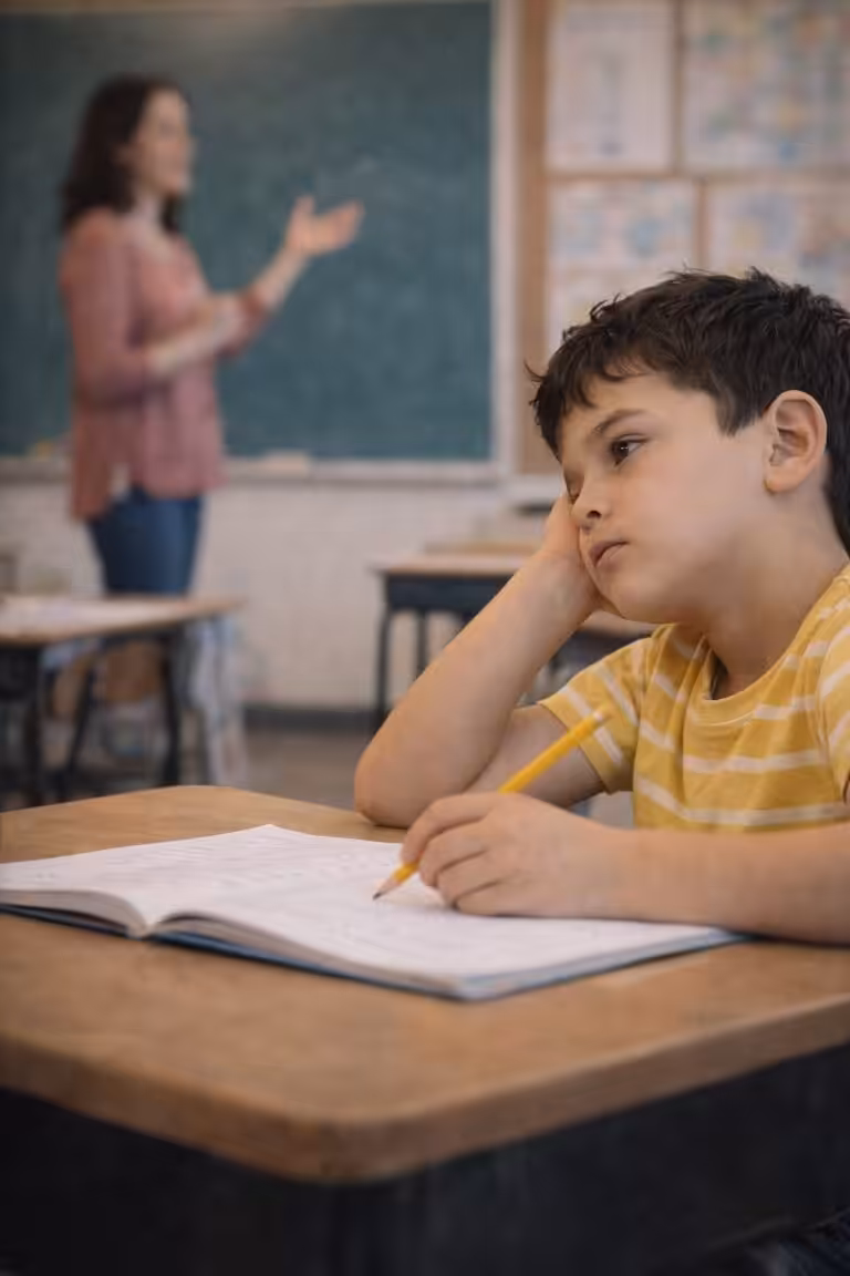 Niño en primer plano durante una actividad escolar, con una maestra al fondo