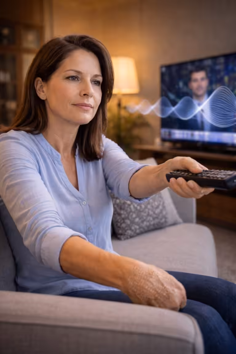 Mujer frente a un televisor mientras recibe ondas de sonido