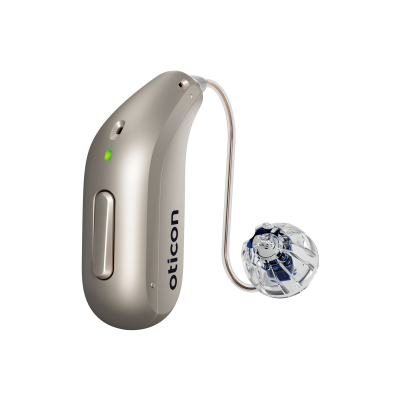 Oticon_Intent_miniRITE_H1-2024_Left_C090ChromaBeige_LEDgreen_Speaker60_OpenBassDome_1200x1200px_Original-file